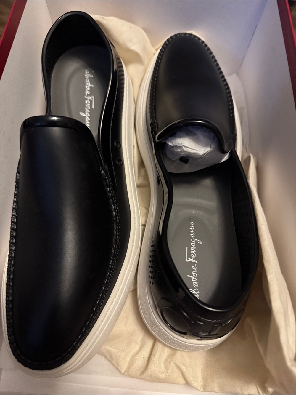 Salvatore Ferragamo Black Leather Slip-On Loafers with White Sole
